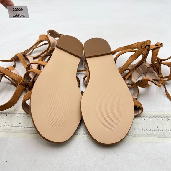YDN Tan Sexy Knee High Lace up Flats Fringe Low Heel Gladiator Strap Sandals - Picture 7 of 8